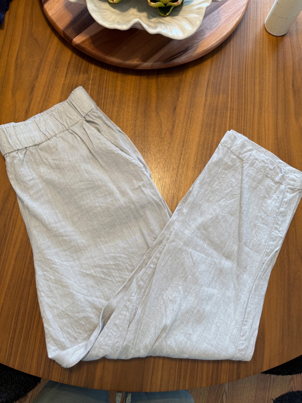 Lou & Grey Light Gray Linen-Blend Elastic-Waist Pants